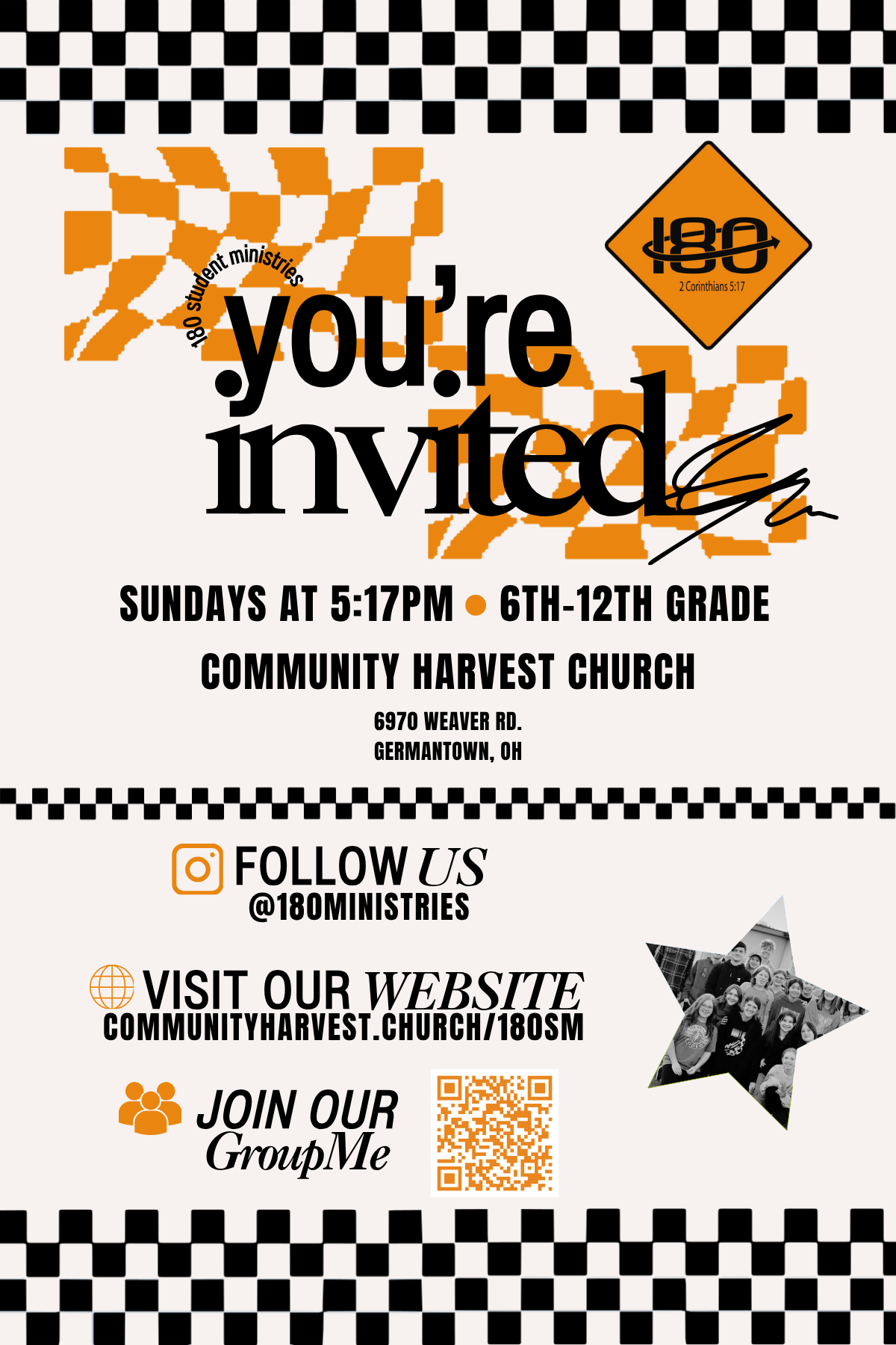 180 Student Ministries invitation with weekly meeting details and ways to connect